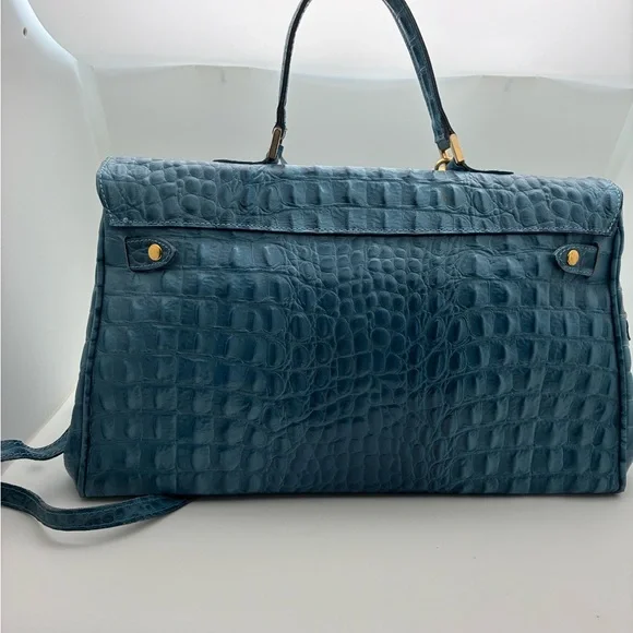 Elegant Blue Crocodile Embossed Leather Birkin Style Handbag Tote - Picture 6 of 8